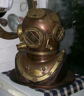 Vintage Brass & Copper Diving Helmet Table Divers Decor Scuba Sca Us Navy Mark V