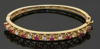 Vintage Heavy 14k Gold 1.  40ctw Diamond & Ruby Hinged Bangle Bracelet