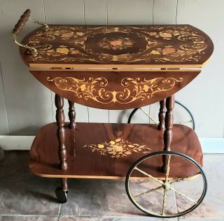 Vintage/antique Italian Inlaid Marquetry Wood Serving Bar & Tea Cart Drop Leaf