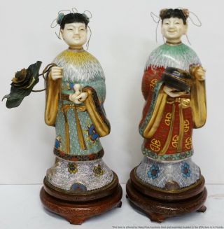 Lg Pair Vintage Chinese Cloisonne Enamel Statues In Gilt Robes Gourd Lotus