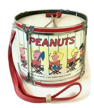 1969 Chein Peanuts Parade Drum 9 " Tall,  Charlie Brown Snoopy,  Marching Band Toy