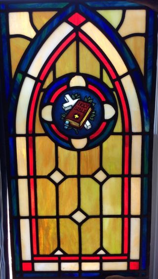 Vintage Stained Glass Window With Cross And Bible From Old Church 15” X 29”