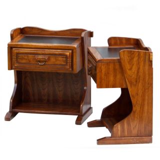 Vintage Traditional Western Ranch Style Oak Faux Leather Top Nightstand Tables