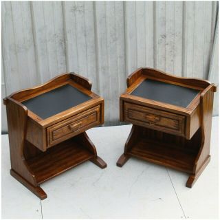Vintage Traditional Western Ranch Style Oak Faux Leather Top Nightstand Tables 2
