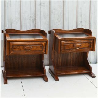 Vintage Traditional Western Ranch Style Oak Faux Leather Top Nightstand Tables 6