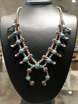 Vintage Sterling Silver Squash Blossom Necklace With Turquoise And Carnilian