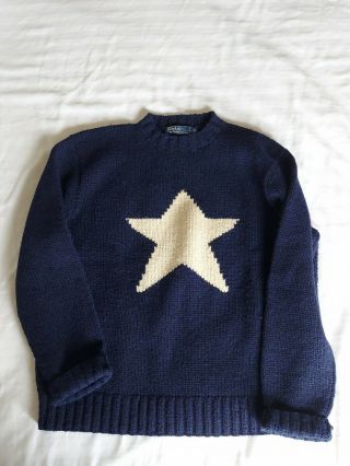 Polo Ralph Lauren Vintage Hand Knit Wool Star Blue Sweater Men 