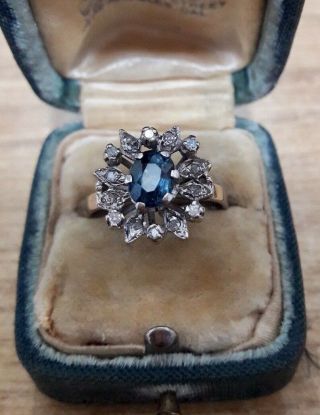 Antique Vintage Palladium Sapphire Diamond Halo Cluster Ring Size7