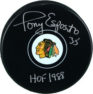 Tony Esposito Chicago Blackhawks Signed Hockey Puck With Hof 1988 Insc