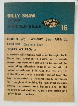 1962 Fleer BUFFALO BILLS Guard BILLY SHAW 16 AFL Rookie Card HOF War Memorial 2
