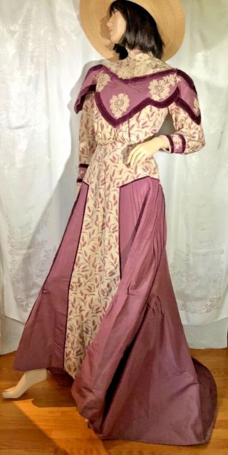 Victorian Dress Bodice Skirt Purple Silk Ivory Lace Train Long Sleeve 1900s Xs