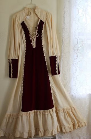 Vtg Gunne Sax 70s Prairie Romantic Gypsy Lace Velvet Prairie Wedding Dress 9 S M