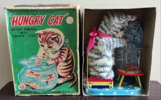 Vintage Battery Op Hungry Cat Tin Toy Mib Complete Rare 1960 