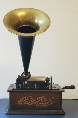 1903 Thomas Edison Standard Phonograph With Horn Antique Vintage Banner