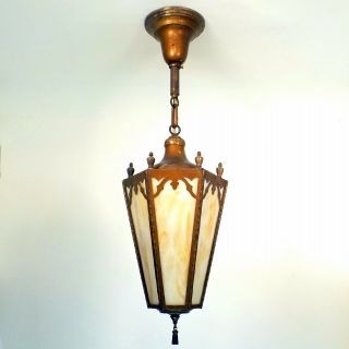 Vintage 1920 Victorian Arts And Crafts Stained Glass Porch Light Pendant Lantern