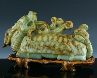 Impressive Large Vintage Chinese Carved Jade Hardstone Dragon Beast W Wood Stand
