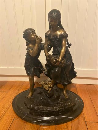 Antique Vintage Bronze Statue Sculpture Children Two Girls W Fruit Basket - 16.  5 "
