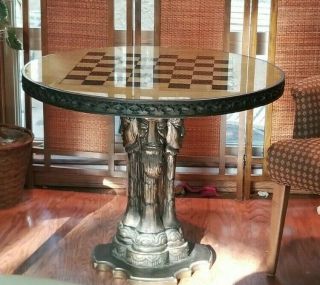 Vintage Carved Kings & Queens Wood Pedestal Gold Leaf - Backed Glass Chess Table