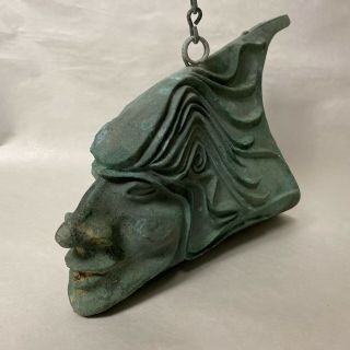 Unusual Vintage Patinated Bronze Bell Chime Figural Head Face Hair Lady Signed