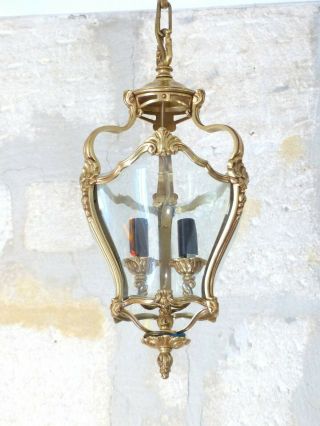 French Lantern Louis Xv Gilded Bronze Curved Glass 20th Chandelier Ceiling 2