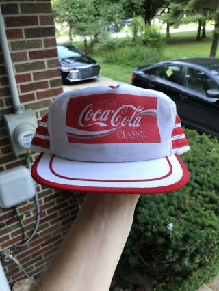 Vintage 70s 80s Coca Cola 3 Stripe Mesh Snapback Trucker Hat Cap Made In Usa