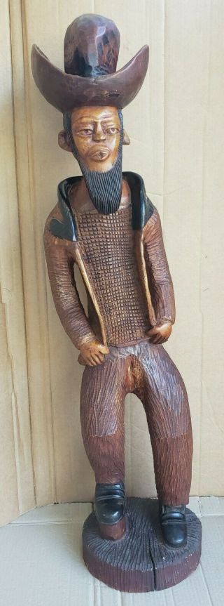 Vintage & Hand Carved Haitian Man Large Wood Statue Naif Folk Art Haiti