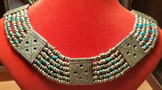 Vintage Sterling Silver Heavy Multi Strand Turquoise Bead Necklace 25mm Wide