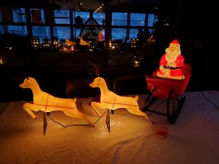 Vintage Christmas Santa Sleigh Union Products Blow Mold And 2 Reindeer Small Sz