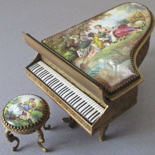 Antique Viennese Miniature Gilt Ormolu Hp Enamel Porcelain Piano,  Stool Austria