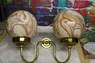 2 Pairs Of Vintage Art Deco Brass Marble Glass Globe Wall Lights Ex Con Large