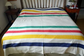 Vtg Hudsons Bay 8 Point Striped Wool King Blanket 94 " X 104 " Made In England
