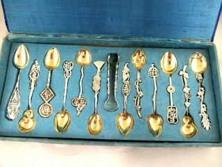Chinese Silver Spoons - Hallmarked - Boxed Set Of 12,  Tongs By Luen Wo