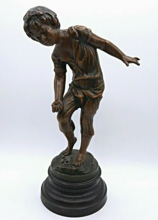 French Antique Bronzed Spelter Sculpture Statue,  Boy Playing Marbles By A Moreau