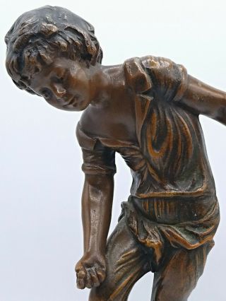 French Antique Bronzed Spelter Sculpture Statue,  Boy Playing Marbles by A Moreau 2