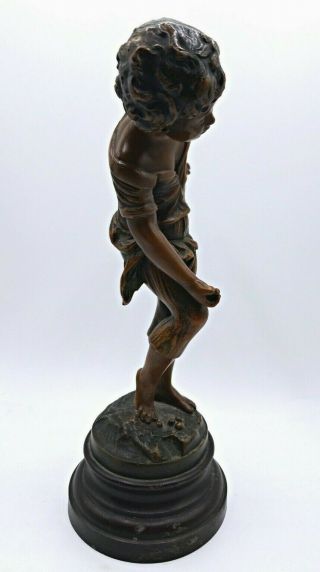French Antique Bronzed Spelter Sculpture Statue,  Boy Playing Marbles by A Moreau 3