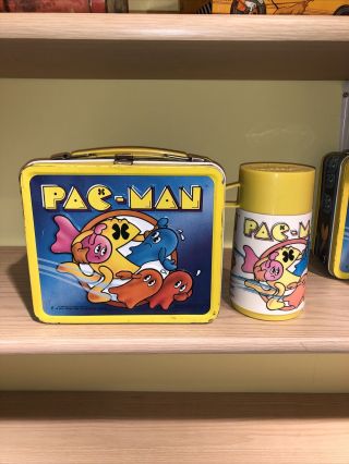Vintage 1980’s Pac - Man Arcade Game Metal Lunch Box,  Thermos Complete