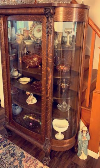 1800’s Victorian Antique China Cabinet.  Claw Feet And Bowed Glass,  Tiger Oak