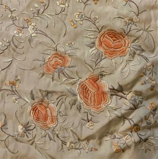 Large Antique Vintage French Silk Floral Embroidered Piano Shawl - 69 " Square