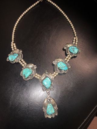 Vintage Navajo Silver & Blue Turquoise Nugget Necklace With Feathers