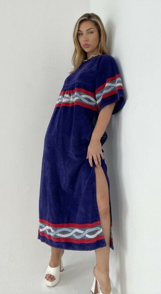 Vintage Yves Saint Laurent Ysl Towelling Kaftan Maxi Dress 70s Pockets