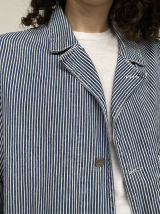 Vintage Denim Blue White Stripe Conductor Jacket Never Ripum Workwear L 1940’s 6