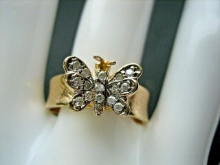 Estate Vintage 14k Florentine Yellow Gold Diamond Butterfly Ring Size 9.  25