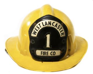 West Lancaster Fire Co Helmet Number 1 Vtg Yellow Pa Pennsylvania Leather Badge
