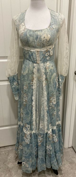 Vtg Gunne Sax Blue Paisley Floral Lace Sleeve Maxi Dress Corset Unknown Size