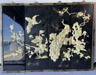 4 Piece Vintage Asian Mother Of Pearl Black Wall Panels Birds / Firebirds