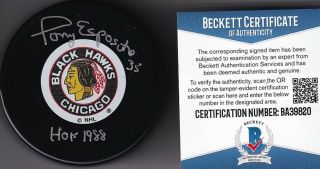 Beckett Tony Esposito " Hof 88 " Signed Chicago Blackhawks Licensed Logo Puck 9820