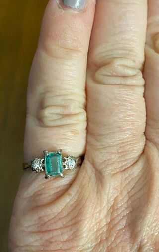 Vintage 14k White & Yellow Gold Emerald & Diamond Ring Size 6