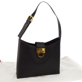 Auth Salvatore Ferragamo Gancini Shoulder Bag Black Leather Vintage Italy V20461