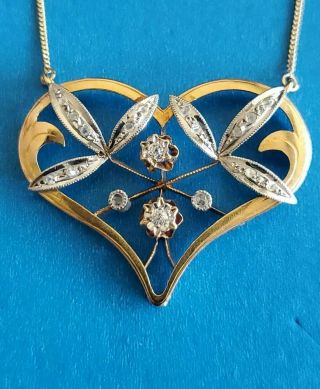 Vintage 14k Two Tone Gold Art Deco Diamonds Heart Pendant Necklace 20 "