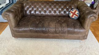 Leather Chesterfield Sofa vintage tufted Couch w Nailhead trim Office furniture 2
